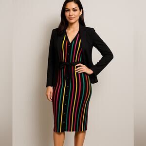 NY & Co Colorful Stripe Sweater Dress Small | Belted Button Front Midi NWT New